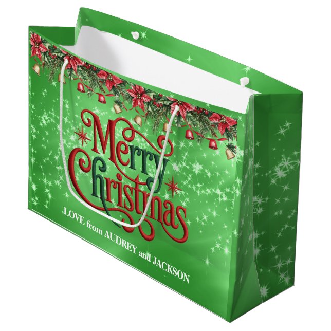 Bright Green frohe Weihnachten Große Geschenktüte (Vorderseite Schrägansicht)