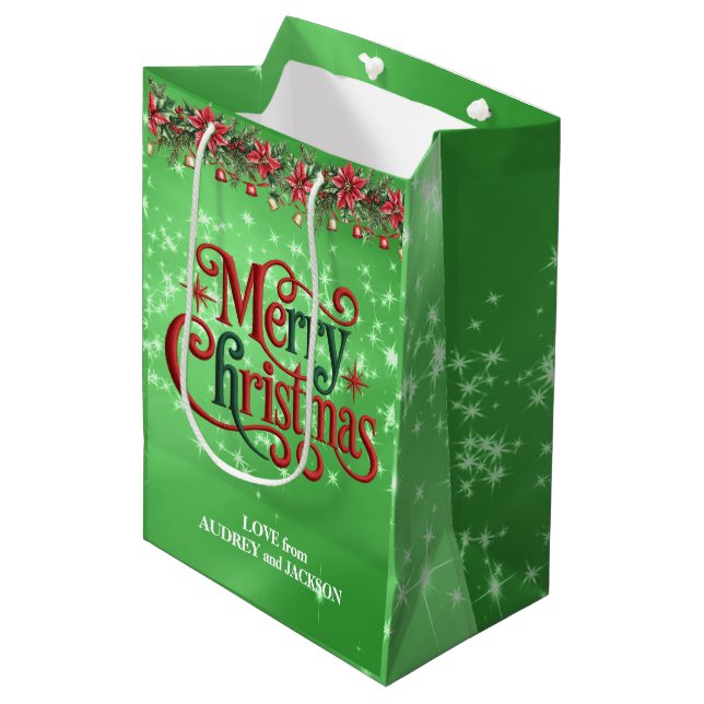 Bright Green frohe Weihnachten Mittlere Geschenktüte (Vorderseite Schrägansicht)