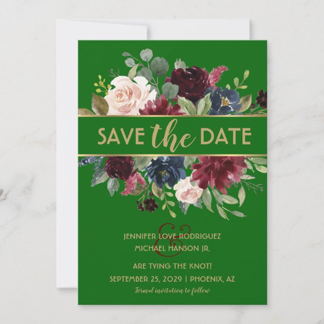 Bright Green Gold Merlot Navy Boho Save the Date Einladung (Vorderseite)