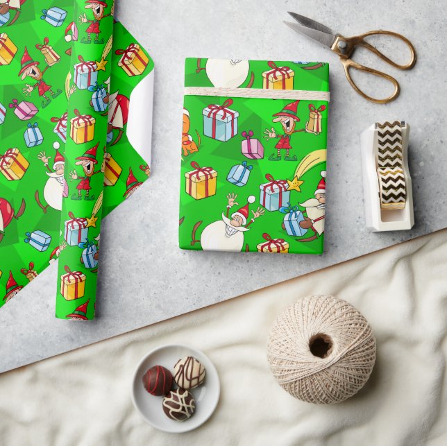 Bright Green Santa & Elves Christmas  Geschenkpapier (Kunsthandwerk)