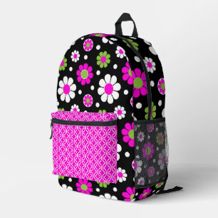 BRIGHT GROOVY PINK GREEN WHITE BLUME BEDRUCKTER RUCKSACK