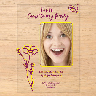 Bright Happy Purple & Yellow Flower 16th Birthday Acryleinladungen