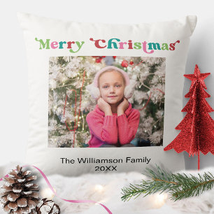 Bright Holiday Frohe Weihnachts Typografie Foto Kissen