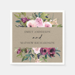 BRIGHT KRAFT BLUSH BURGUNDY FLORAL BUNCH WEDDING SERVIETTE