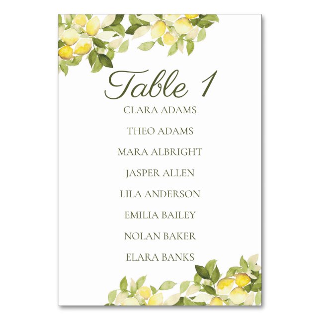 Bright Lemon Fresh Numeric Seating Chart Card Tischnummer (Vorderseite)