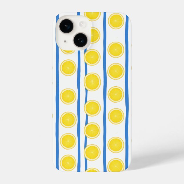 Bright Lemon Slice & Blue Stripe Case iPhone 14 Hülle (Rückseite)