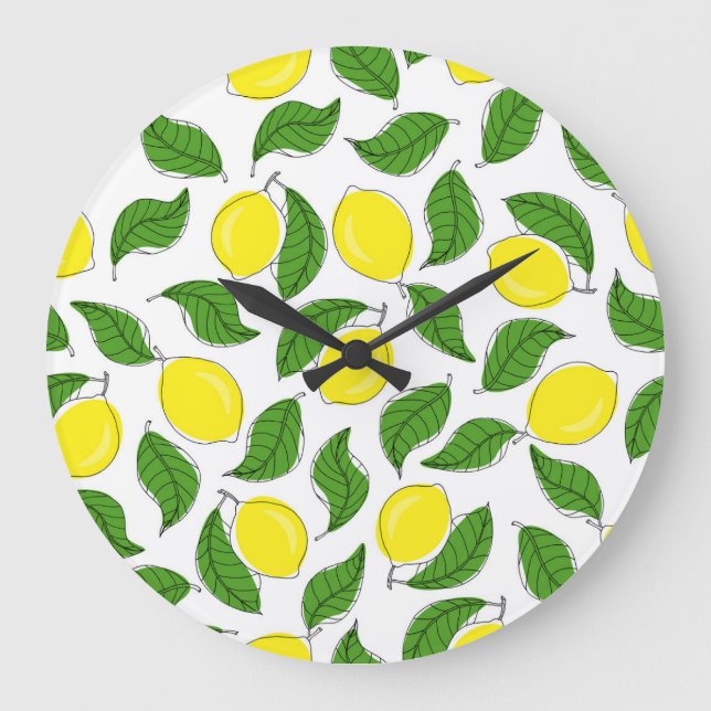 Bright Lemons Green Blätter Pattern Große Wanduhr (Vorderseite)