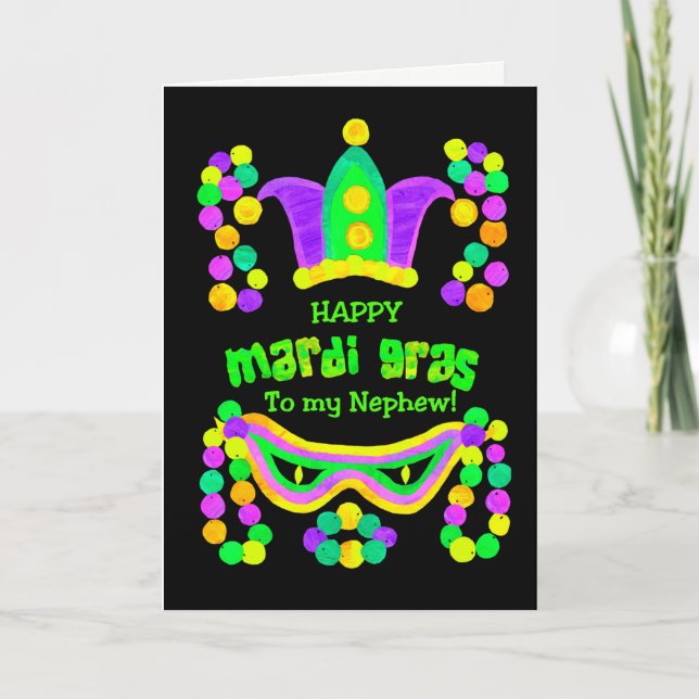 Bright Mardi Gras Card für Nephew auf Schwarz Karte (Vorderseite)
