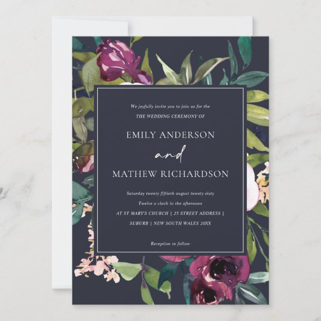 BRIGHT NAVY BLUSH BURGUNDY FLORAL BUNCH WEDING EINLADUNG (Vorderseite)