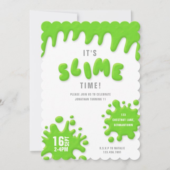 Bright neon green slime party invitation (Devant)