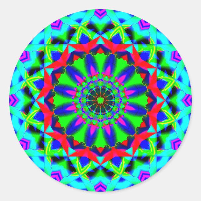 Bright Neon Kaleidoskop | Abstrakt Mandala Runder Aufkleber (Vorderseite)