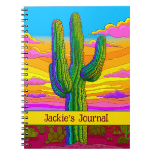 Bright Neon Saguaro Cactus Sunset Wüstenszene Notizblock
