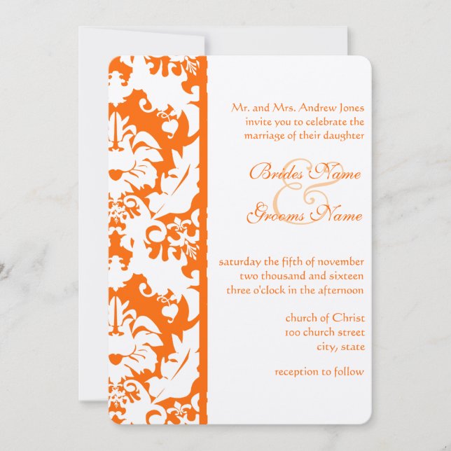 Bright Orange Damask Hochzeitseinladungen Einladung (Vorderseite)