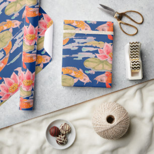 Bright Orange Koi Fisch Rosa Blume Dunkelblau Geschenkpapier