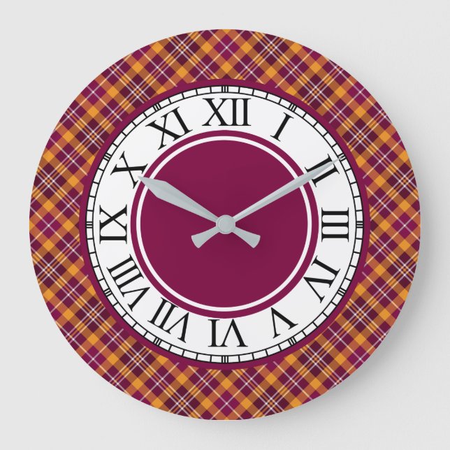 Bright Orange und Maroon Sporty Kariert Große Wanduhr (Vorderseite)