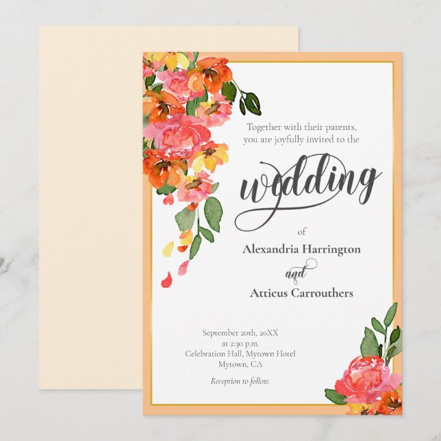 Bright Orange Watercolor Floral Einladung (Vorne/Hinten)