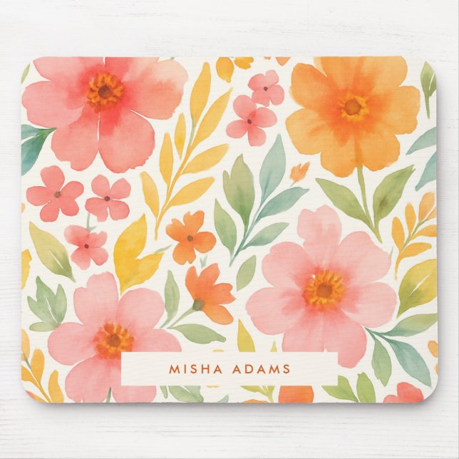 Bright Pattern Pink Orange Watercolor Floral  Mousepad (Vorne)