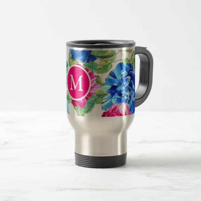 Bright Pink and Blue Floral Pretty Monogrammed Reisebecher (VorderseiteRechts)