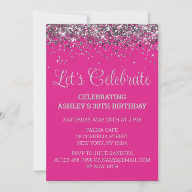 Bright Pink and Silver Glitter 30th Birthday Party Einladung (Vorderseite)
