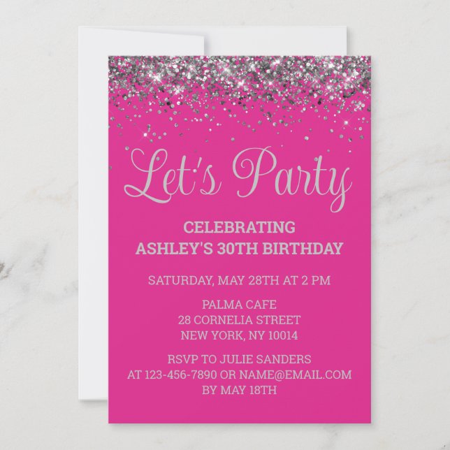 Bright Pink and Silver Glitter 30th Birthday Party Einladung (Vorderseite)