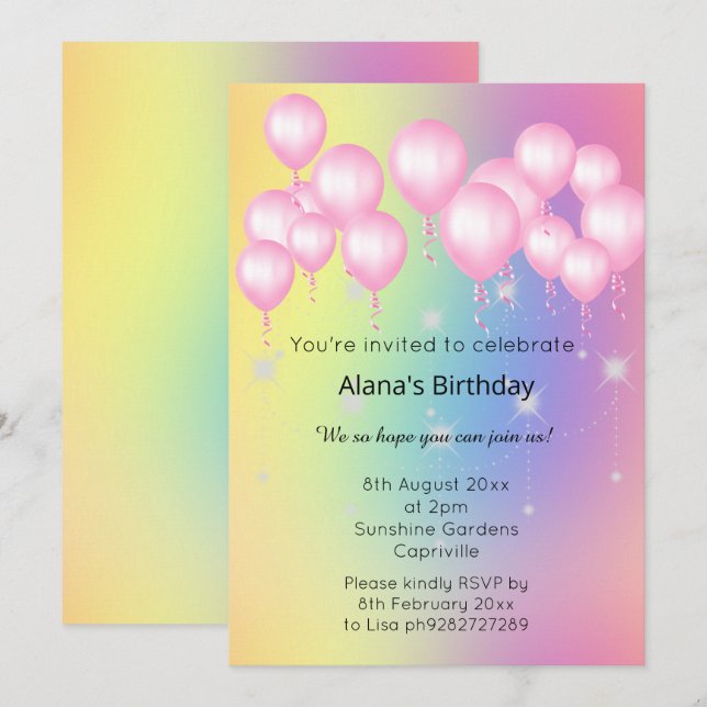 BRIGHT PINK BALLOON PASTEL RAINBOW GEBURTSTAG EINLADUNG (Vorne/Hinten)