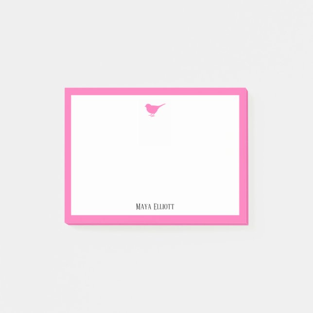 Bright Pink Bird und Border mit Weiß und Name Post-it Klebezettel (Vorderseite)