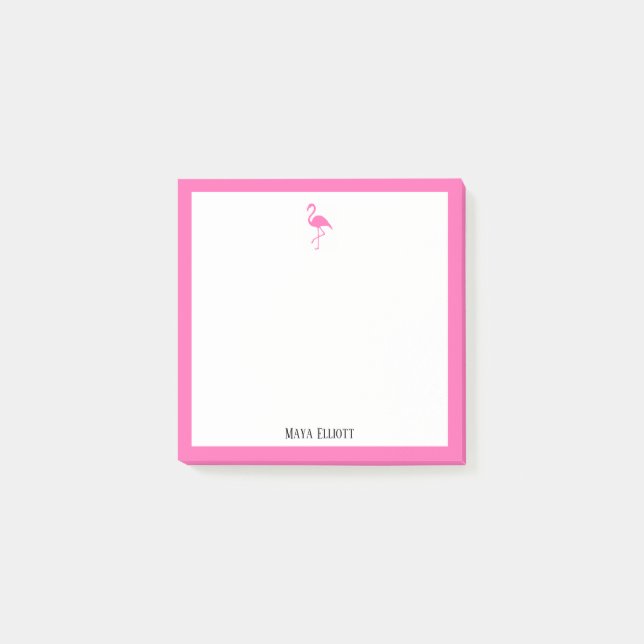 Bright Pink Flamingo und Border on White mit Name Post-it Klebezettel (Vorderseite)