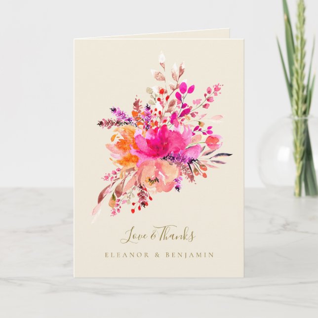 Bright Pink Floral Wedding Photo Custom Message Dankeskarte (Vorderseite)