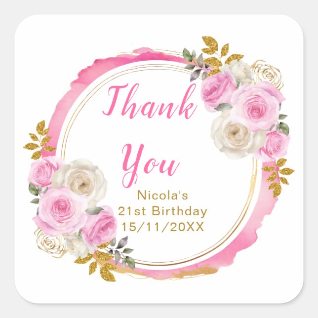 Bright Pink Gold Elegant Flowers Birthday Party Quadratischer Aufkleber (Vorderseite)
