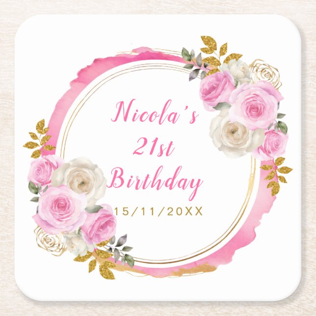 Bright Pink Gold Elegant Flowers Birthday Party Rechteckiger Pappuntersetzer (Vorderseite)