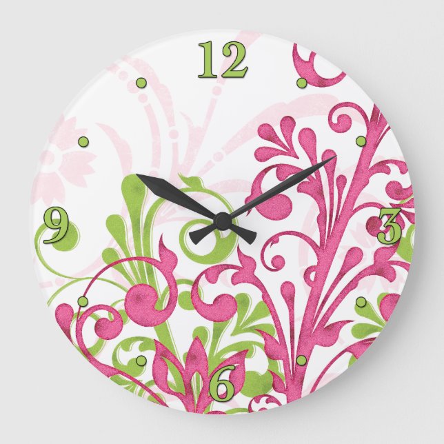 Bright Pink, Green, White Floral Wall Clock Große Wanduhr (Vorderseite)
