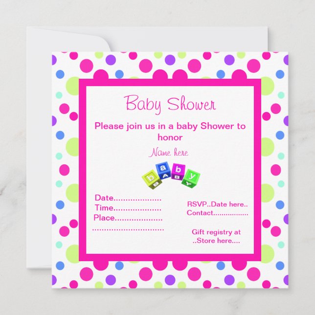 BRIGHT PINK POLKA DOT BLOCKS BABY SHOWER INVITATIO EINLADUNG (Vorderseite)