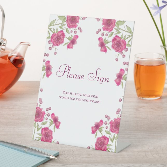 Bright Pink Rose Wedding Guest Book Sign Sockelschild (In Situ)