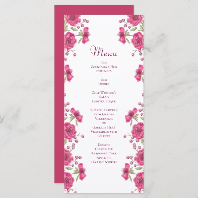 Bright Pink Rose Wedding Menus (Devant / Derrière)