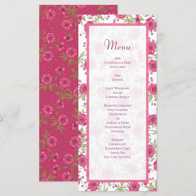 Bright Pink Rose Wedding Menus Menükarte (Vorne/Hinten)