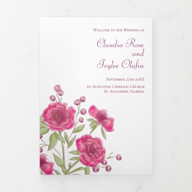 Bright Pink Rose Wedding Programs Dreifach-gefaltete Programmkarte (Cover)