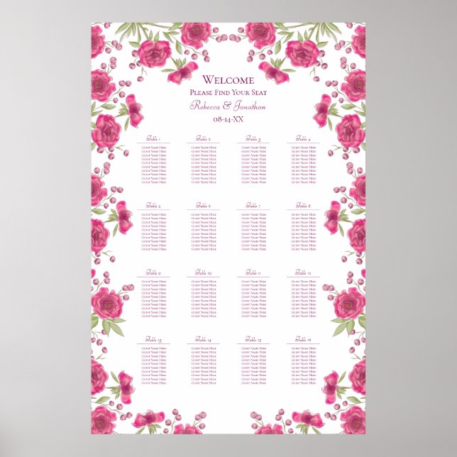 Bright Pink Rose Wedding Seating Chart Poster (Vorne)