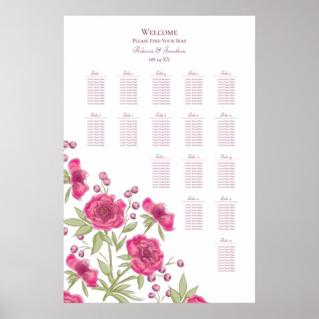 Bright Pink Rose Wedding Seating Chart Poster (Vorne)