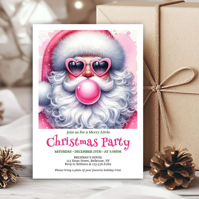 Bright pink santa chewing gum watercolor invite  einladung (Bright pink santa chewing gum watercolor invite card)