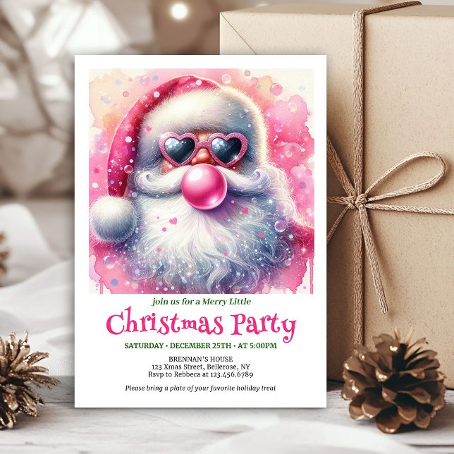 Bright pink santa chewing gum watercolor invite  einladung (Bright pink santa chewing gum watercolor invite card)