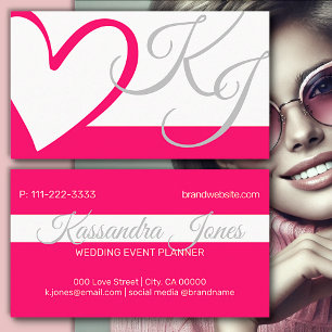 Bright Pink White Girly Heart Calligram Visitenkarte