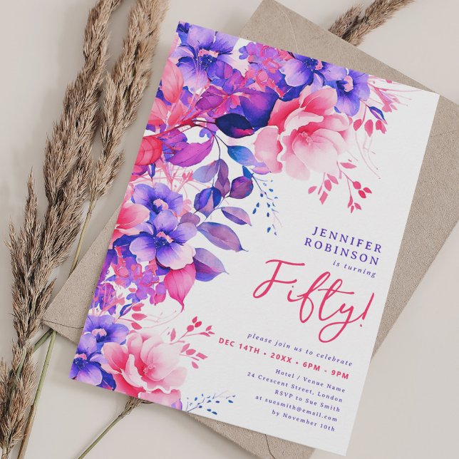 Bright Purple Watercolor Floral 50th Birthday Einladung (Bright Purple Watercolor Floral 50th Birthday Invitation)