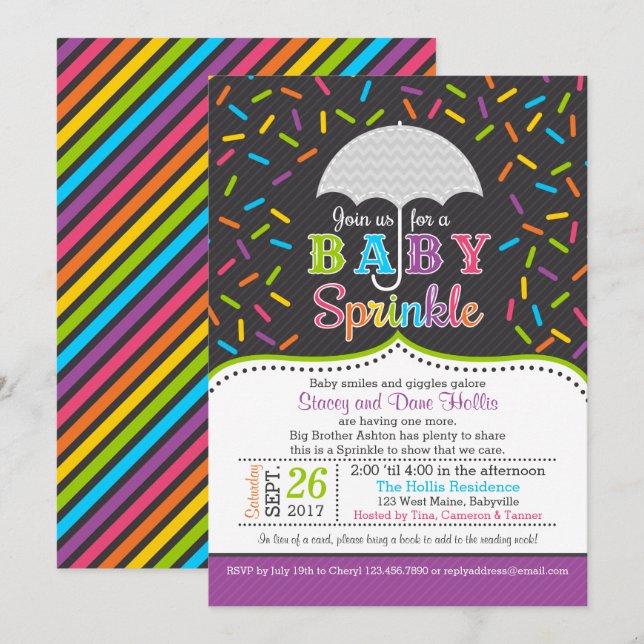 Bright Rainbow Baby Sprinkle Umbrella Invitation (Devant / Derrière)