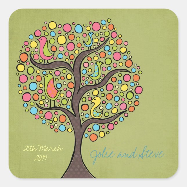 Bright Rainbow Bird Tree Custom Wedding Sticker (Vorderseite)