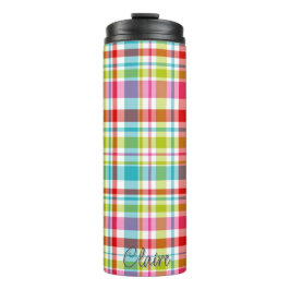 Bright Rainbow Plaid Checkered Pattern Custom Name Thermosbecher