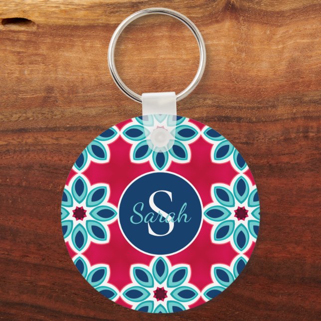 Bright Red and Blue Modern Geometric Personalised Schlüsselanhänger (Vorderseite)