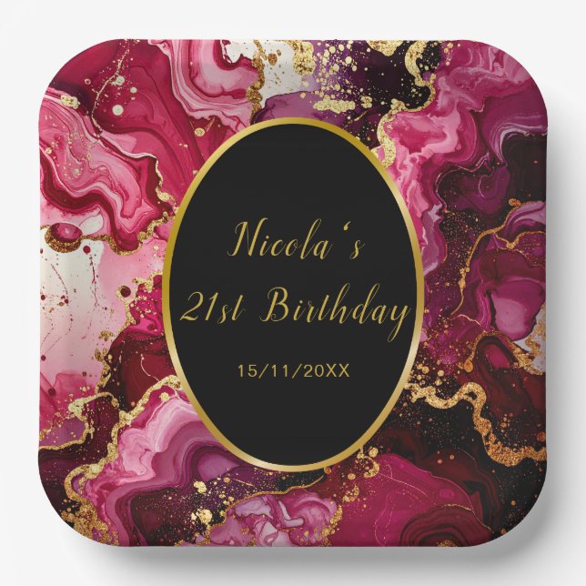 Bright Red and Gold Marble Agate Birthday Party Pappteller (Vorderseite)