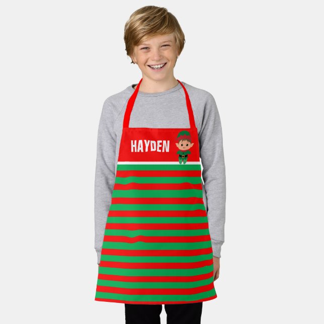 Bright Red and Green Elf Striped Personalised Schürze (Getragen)