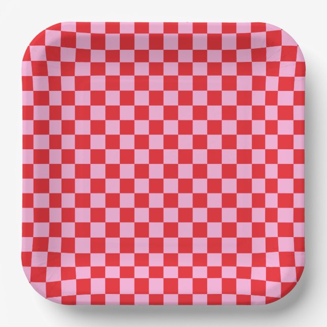Bright Red and Light Pink Checkered Pappteller (Vorderseite)