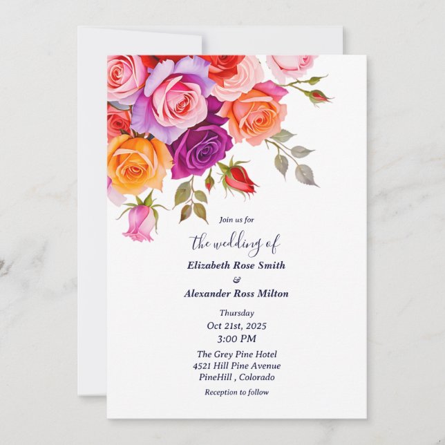 Bright Red and pink purple roses floral wedding Einladung (Vorderseite)